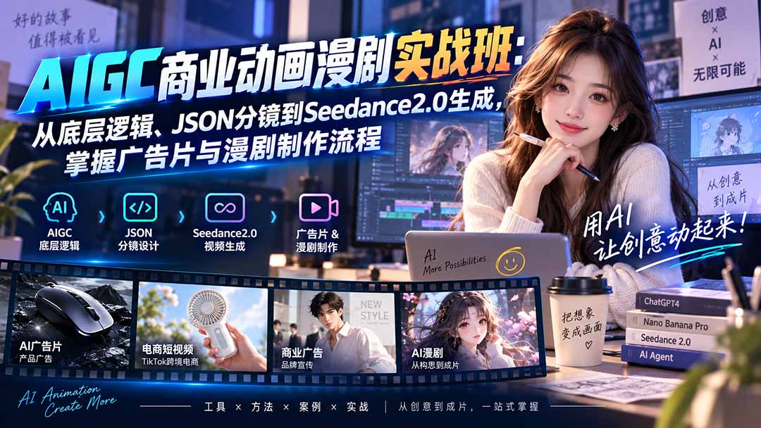 AIGC商业动画漫剧实战班-更新：从底层逻辑、JSON分镜到Seedance2.0生成，掌握广告片与漫剧制作流程-海之城短剧项目