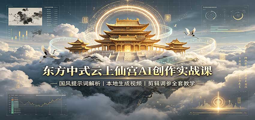 东方中式云上仙宫AI创作实战课：国风提示词解析，本地生成视频，剪辑调参全套教学-海之城短剧项目