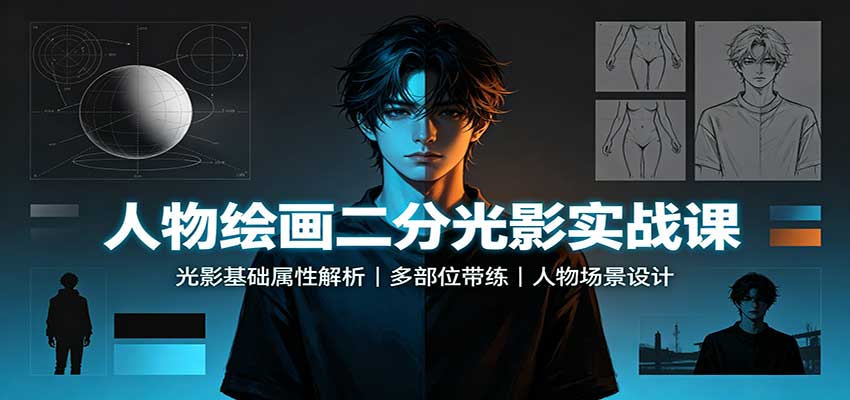 人物绘画二分光影实战课：光影基础属性解析，多部位带练，人物场景设计 - 福缘网