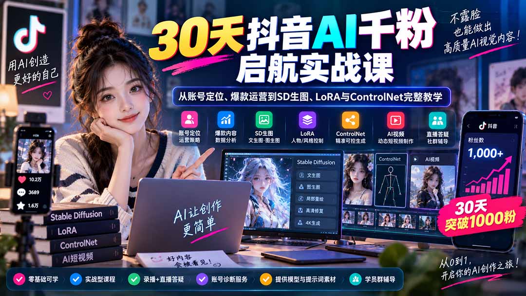30天抖音AI千粉启航实战课：从账号定位、爆款运营到SD生图、LoRA与ControlNet完整教学-海之城短剧项目