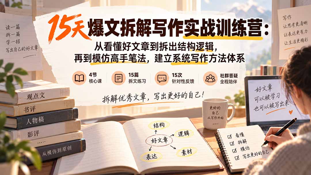 15天爆文拆解写作实战训练营：从看懂好文章到拆出结构逻辑，再到模仿高手笔法，建立系统写作方法体系-海之城短剧项目