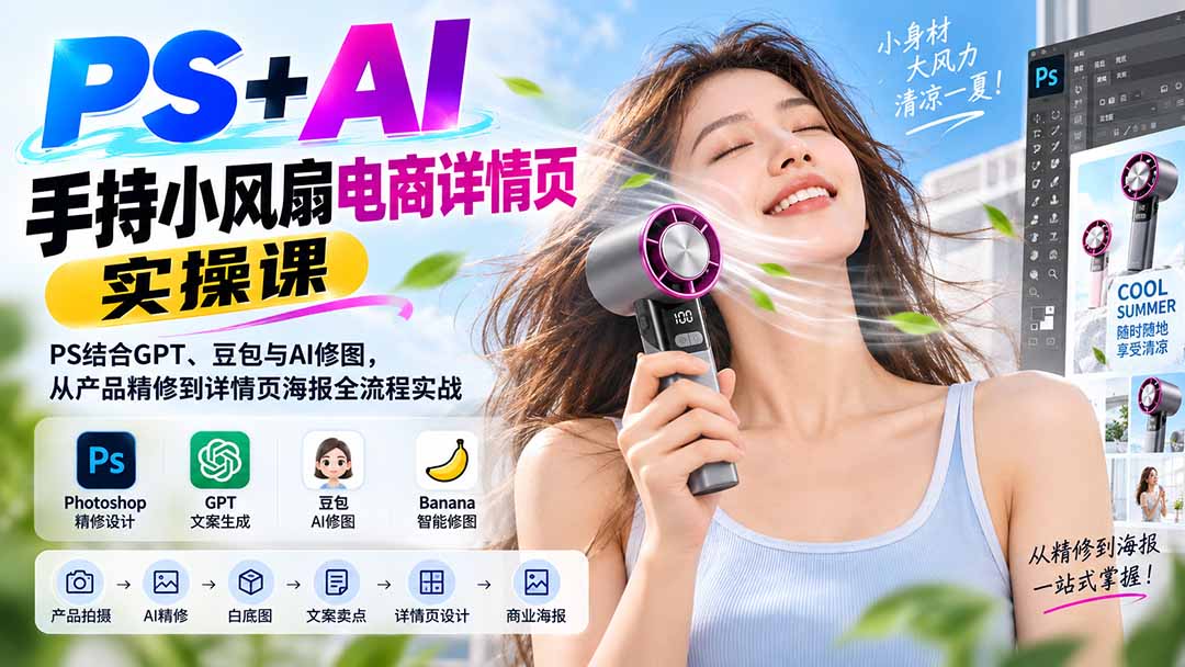 PS+AI手持小风扇电商详情页实操课：PS结合GPT、豆包与AI修图，从产品精修到详情页海报全流程实战 - 中创网