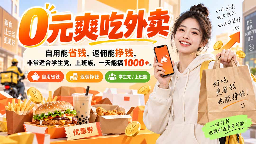 0元爽吃外卖，自用能省钱，返佣能挣钱，非常适合学生党，上班族，一天能搞1000+-海之城短剧项目
