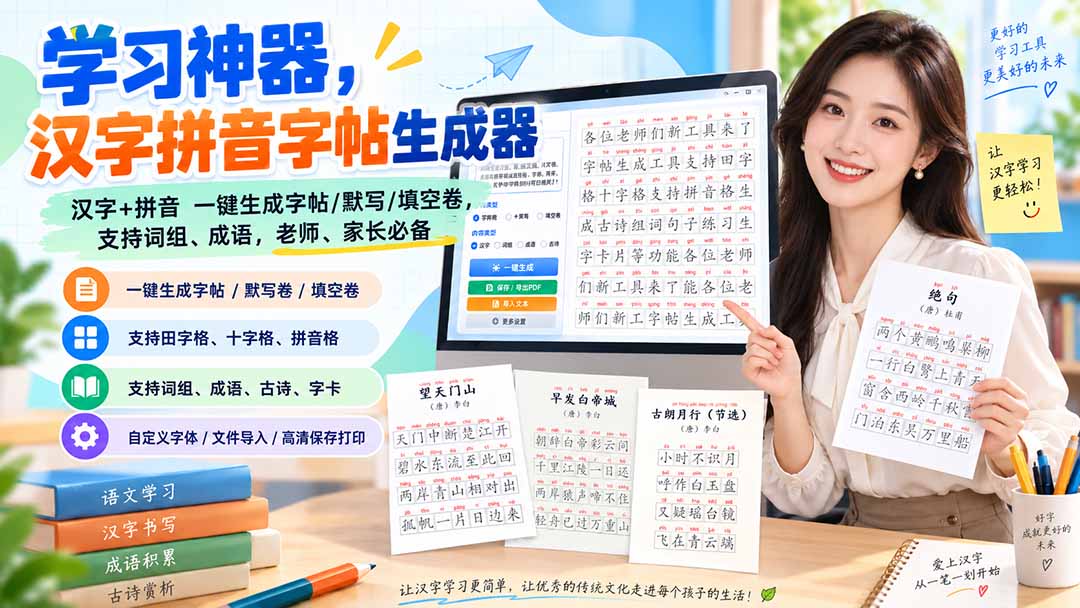 学习神器，汉字拼音字帖生成器，汉字+拼音 一键生成字帖/默写/填空卷，支持词组、成语，老师、家长必备-海之城短剧项目