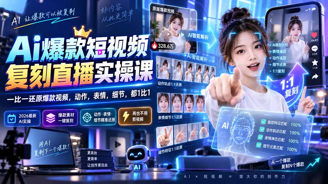 最新Ai爆款短视频复刻直播实操课，一比一还原爆款视频，动作，表情，细节，都1比1-海之城短剧项目