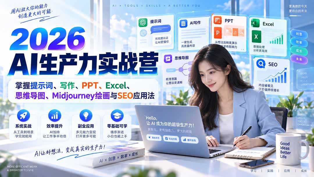 2026AI生产力实战营：掌握提示词、写作、PPT、Excel、思维导图、Midjourney绘画与SEO应用法-海之城短剧项目