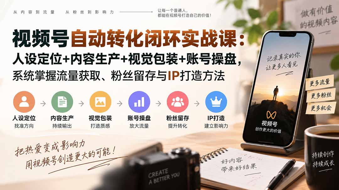 视频号自动转化闭环实战课：人设定位+内容生产+视觉包装+账号操盘，系统掌握流量获取、粉丝留存与IP打造方法-海之城短剧项目