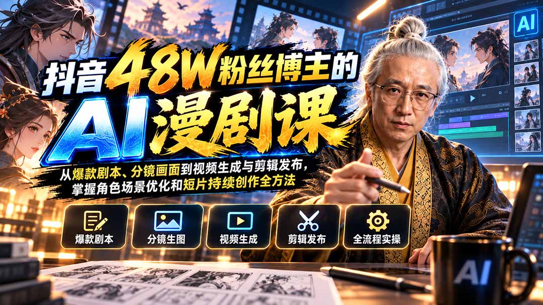 抖音48W粉丝博主的AI漫剧课：从爆款剧本、分镜画面到视频生成与剪辑发布，掌握角色场景优化和短片持续创作全方法 - 中创网