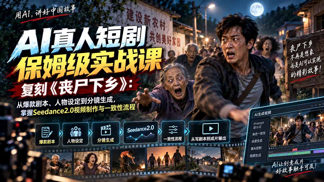 AI真人短剧保姆级实战课，复刻《丧尸下乡》：从爆款剧本、人物设定到分镜生成，掌握Seedance2.0视频制作与一致性流程-海之城短剧项目