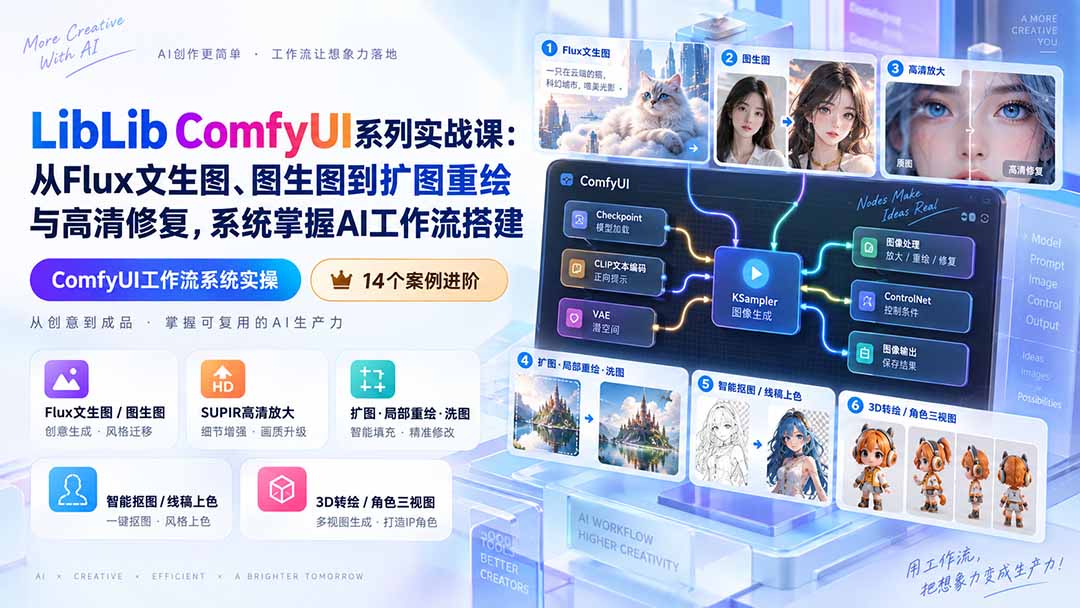 LibLib ComfyUI系列实战课：从Flux文生图、图生图到扩图重绘与高清修复，系统掌握AI工作流搭建-海之城短剧项目