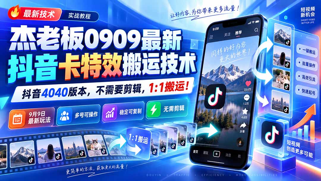 杰老板0909最新抖音卡特效搬运技术，抖音4040版本，不需要剪辑，1:1搬运！