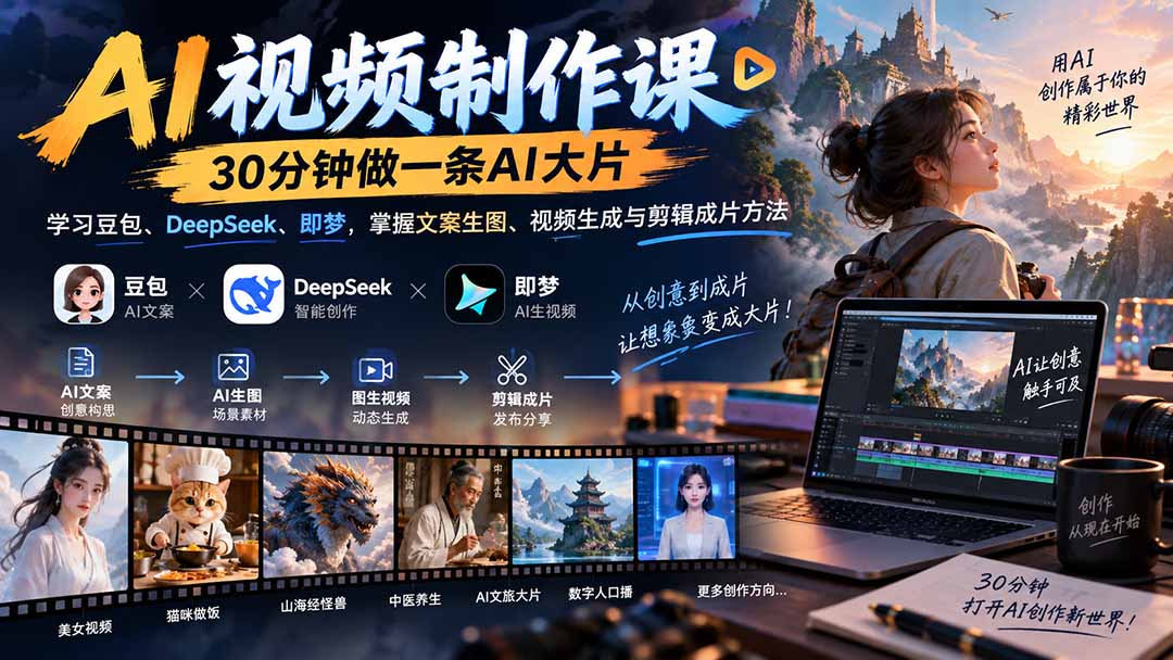 AI视频制作课-30分钟做一条AI大片：学习豆包、DeepSeek、即梦，掌握文案生图、视频生成与剪辑成片方法 - 中创网