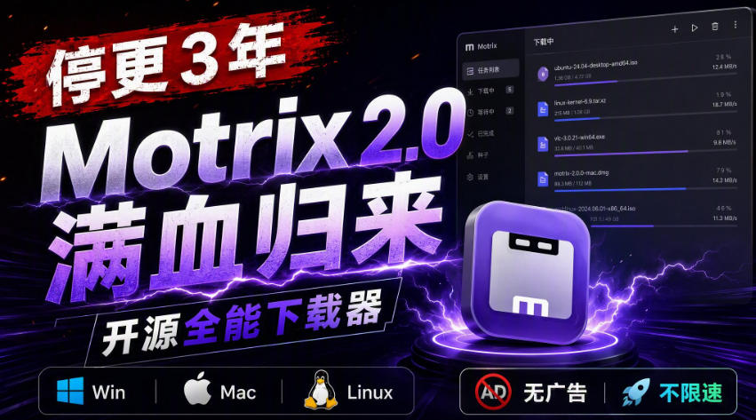 停更3年，Motrix 2.0满血归来：开源全能下载器，Win/Mac/Linux通吃，无广告不限速 - 中创网