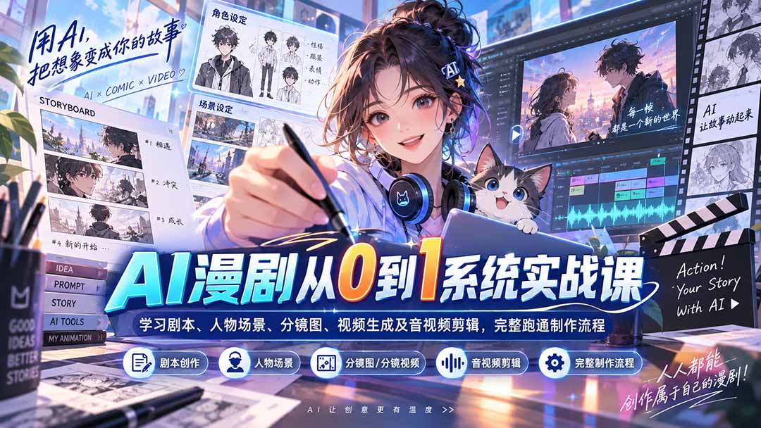 AI漫剧从0到1系统实战课：学习剧本、人物场景、分镜图、视频生成及音视频剪辑，完整跑通制作流程-海之城短剧项目