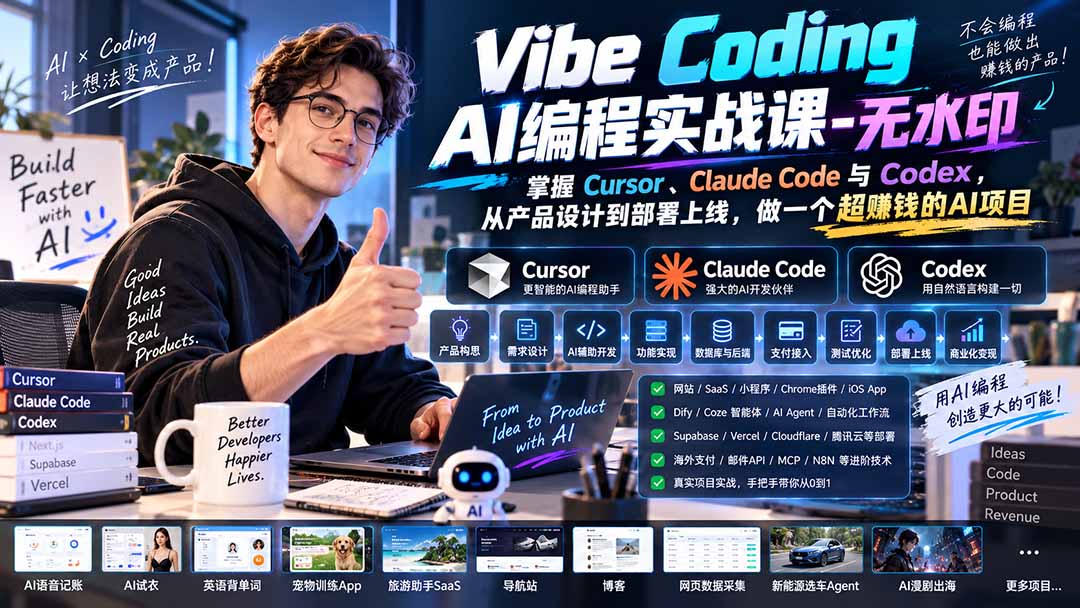 Vibe Coding AI编程实战课-无水印：掌握Cursor、Claude Code与Codex，从产品设计到部署上线，做一个超赚钱的AI项目 - 中创网