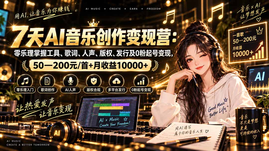 AI音乐创作变现营：零乐理掌握工具、歌词、人声、版权、发行及0粉起号变现，50—200元/首+月收益10000+ - 中创网