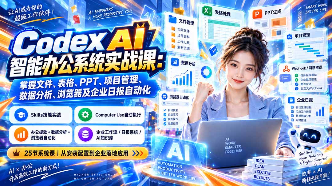 Codex AI智能办公系统实战课：掌握文件、表格、PPT、项目管理、数据分析、浏览器及企业日报自动化-海之城短剧项目