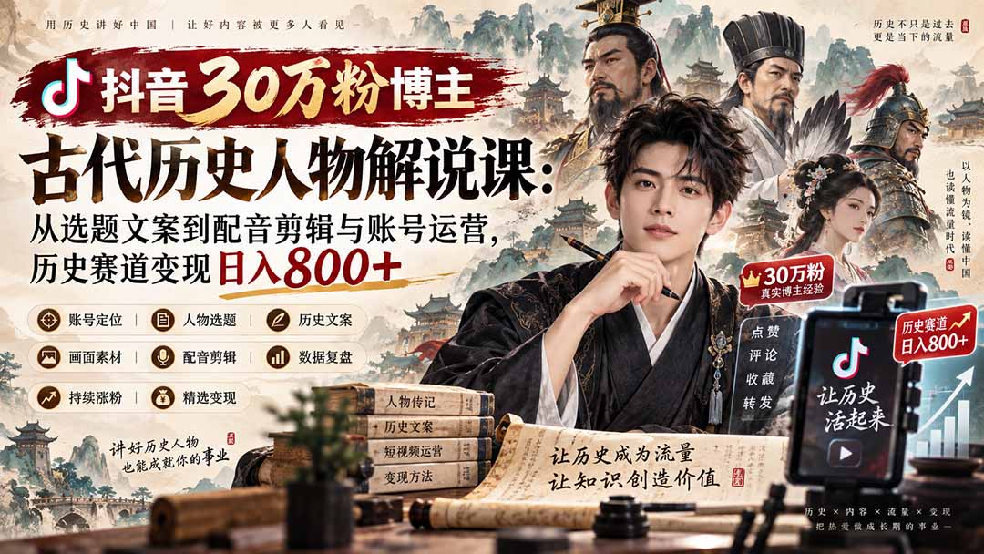 抖音30万粉博主古代历史人物解说课：从选题文案到配音剪辑与账号运营，历史赛道变现日入800+ - 中创网