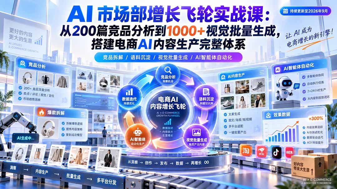 AI 市场部增长飞轮实战课：从200篇竞品分析到1000+视觉批量生成，搭建电商AI内容生产完整体系-海之城短剧项目