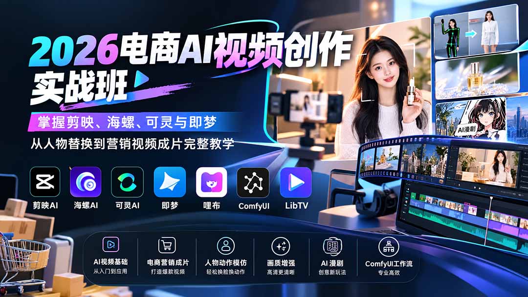 2026电商AI视频创作实战班：掌握剪映、海螺、可灵与即梦，从人物替换到营销视频成片完整教学-海之城短剧项目