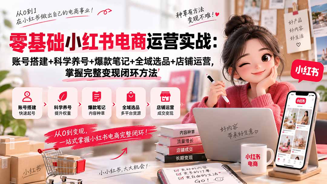 零基础小红书电商运营实战：账号搭建+科学养号+爆款笔记+全域选品+店铺运营，掌握完整变现闭环方法-海之城短剧项目