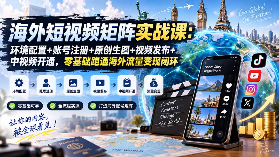 海外短视频矩阵实战课：环境配置+账号注册+原创生图+视频发布+中视频开通，零基础跑通海外流量变现闭环 - 中创网