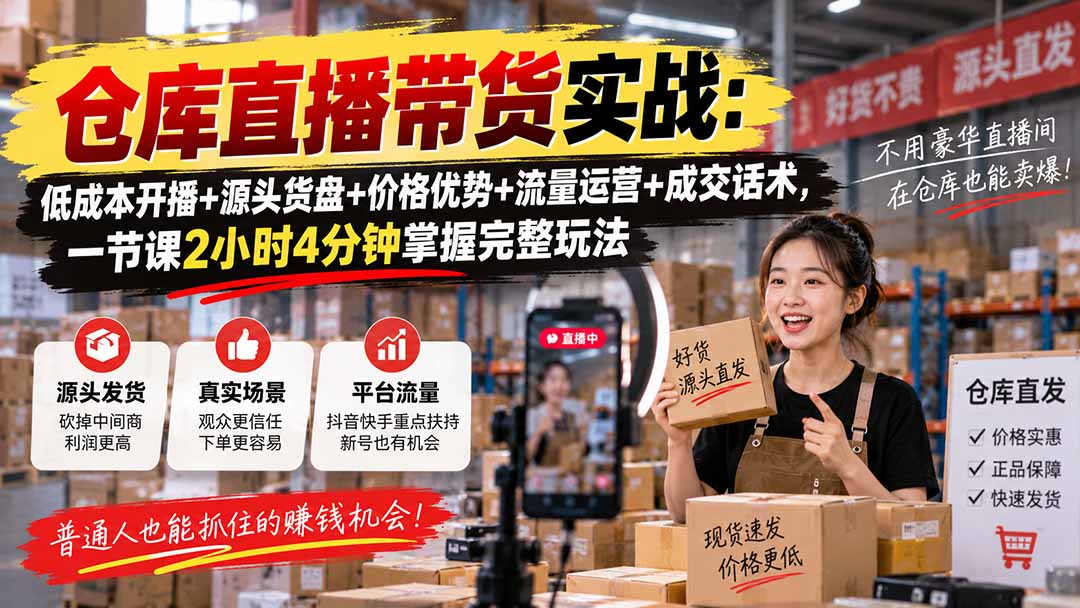仓库直播带货实战：低成本开播+源头货盘+价格优势+流量运营+成交话术，一节课2小时4分钟掌握完整玩法 - 中创网