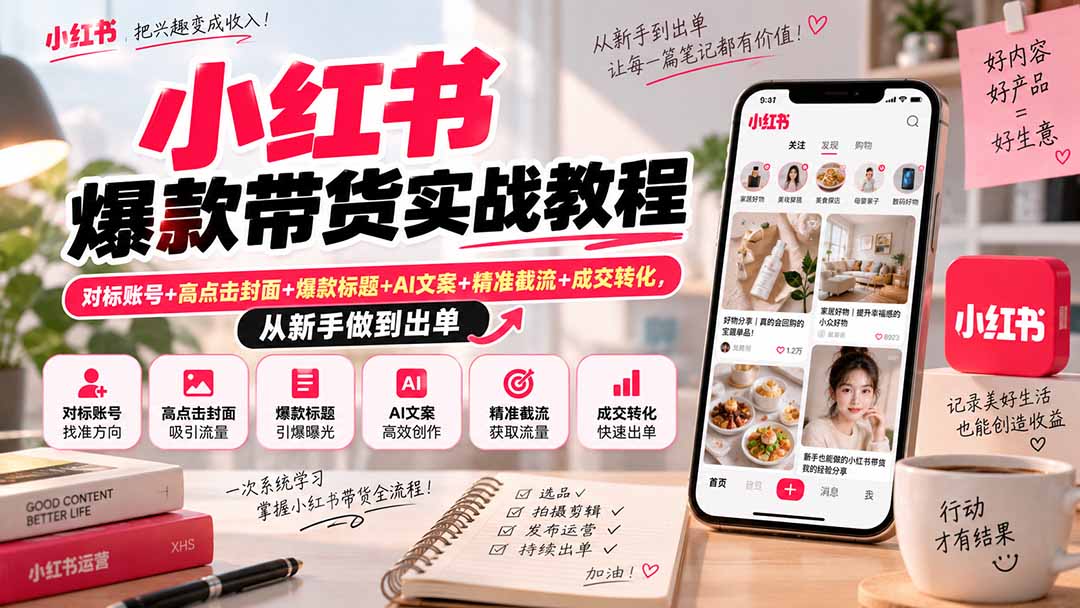 小红书爆款带货实战教程｜对标账号+高点击封面+爆款标题+AI文案+精准截流+成交转化，从新手做到出单-海之城短剧项目