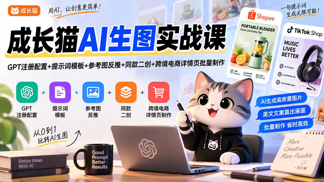 成长猫AI生图实战课｜GPT注册配置+提示词模板+参考图反推+同款二创+跨境电商详情页批量制作 - 中创网