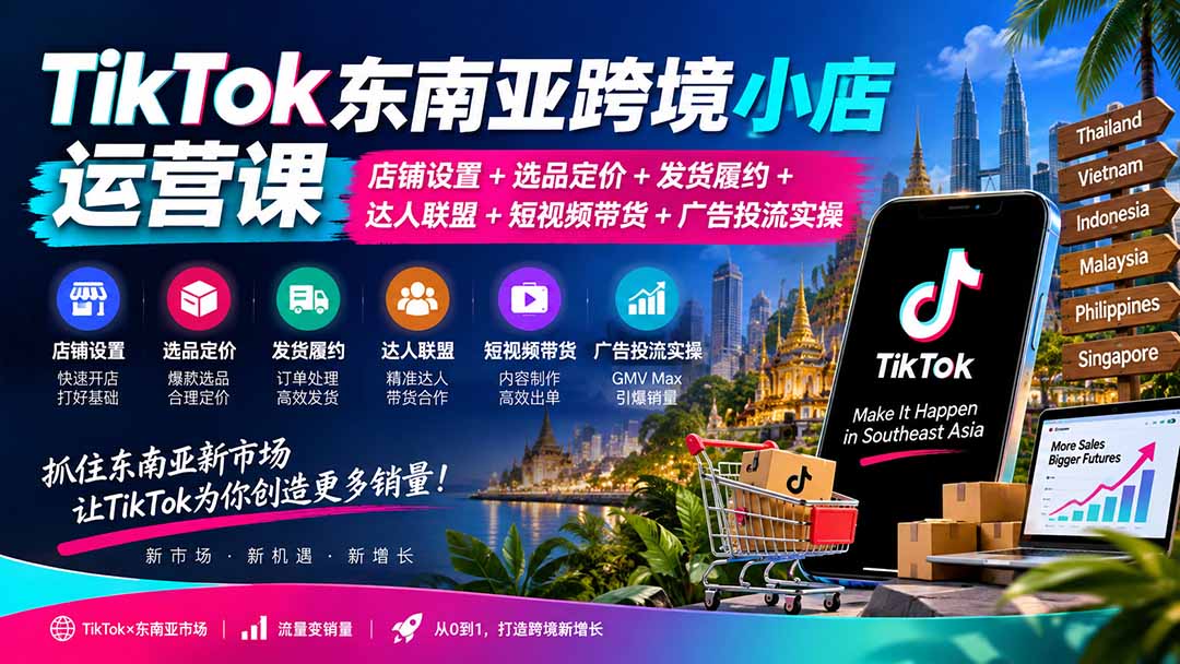 TikTok东南亚跨境小店运营课：店铺设置+选品定价+发货履约+达人联盟+短视频带货+广告投流实操-海之城短剧项目