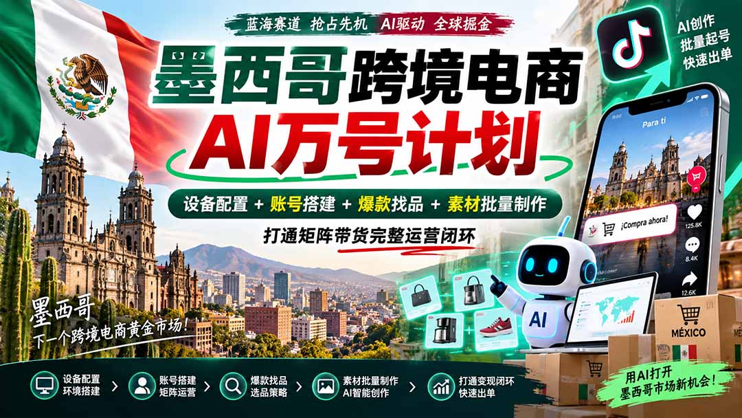 墨西哥AI跨境电商万号计划｜设备配置+账号搭建+爆款找品+素材批量制作，打通矩阵带货完整运营闭环-海之城短剧项目