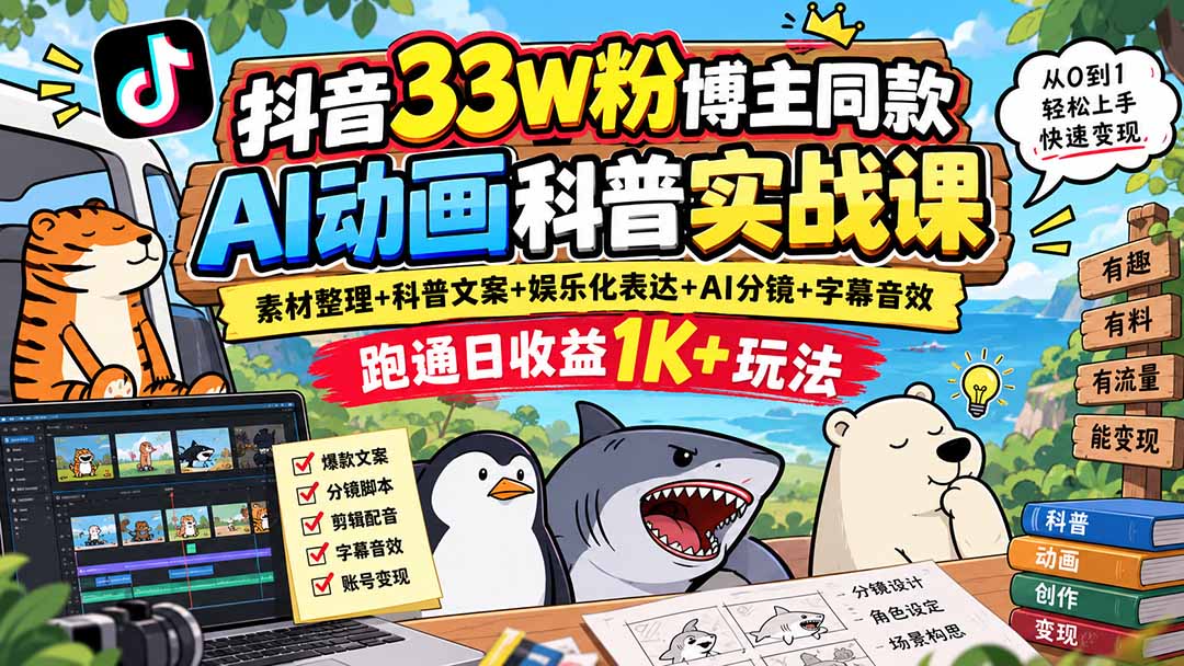 抖音33W粉博主同款AI动画科普实战课｜素材整理+科普文案+娱乐化表达+AI分镜+字幕音效，跑通日收益1K+玩法 - 中创网