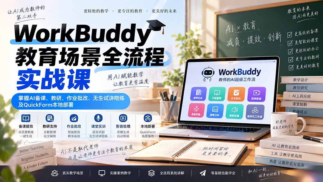 WorkBuddy教育场景全流程实战课：掌握AI备课、教研、作业批改、无生试讲陪练及QuickForm本地部署 - 中创网