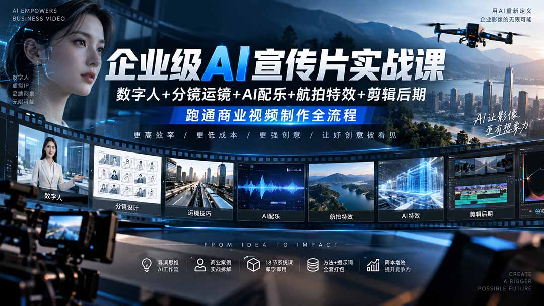 企业级AI宣传片实战课｜数字人+分镜运镜+AI配乐+航拍特效+剪辑后期，跑通商业视频制作全流程-海之城短剧项目