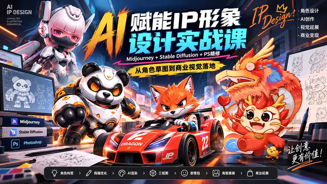 AI赋能IP形象设计实战课-无水印：Midjourney+Stable Diffusion+PS精修，从角色草图到商业视觉落地-海之城短剧项目