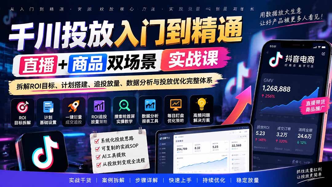 千川投放入门到精通实战课｜直播+商品双场景拆解ROI目标、计划搭建、追投放量、数据分析与投放优化完整体系-海之城短剧项目