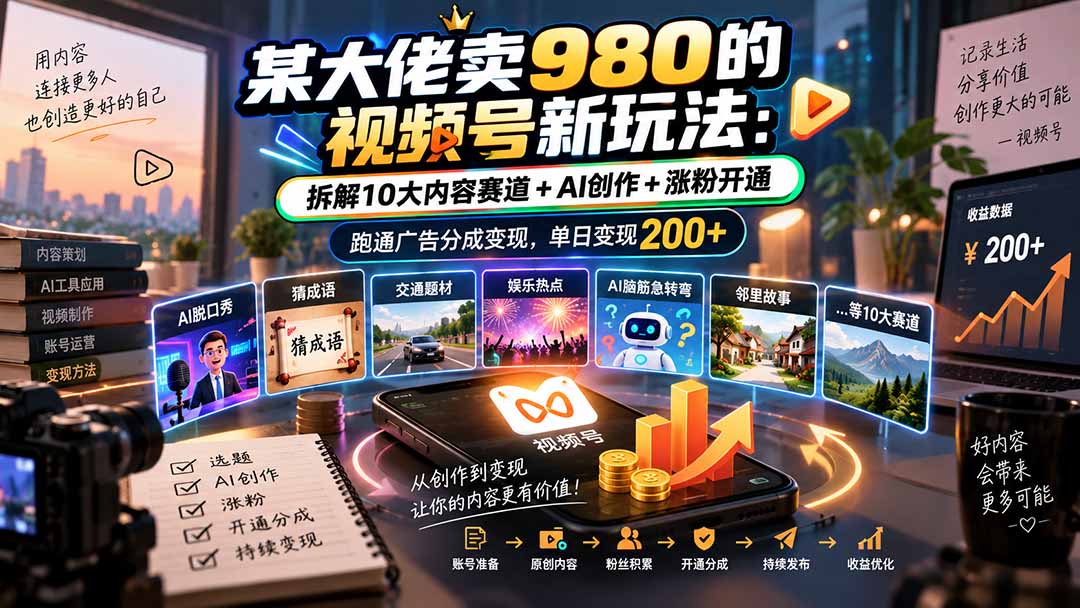 某大佬卖980的视频号新玩法：拆解10大内容赛道+AI创作+涨粉开通，跑通广告分成变现，单日变现200+-海之城短剧项目