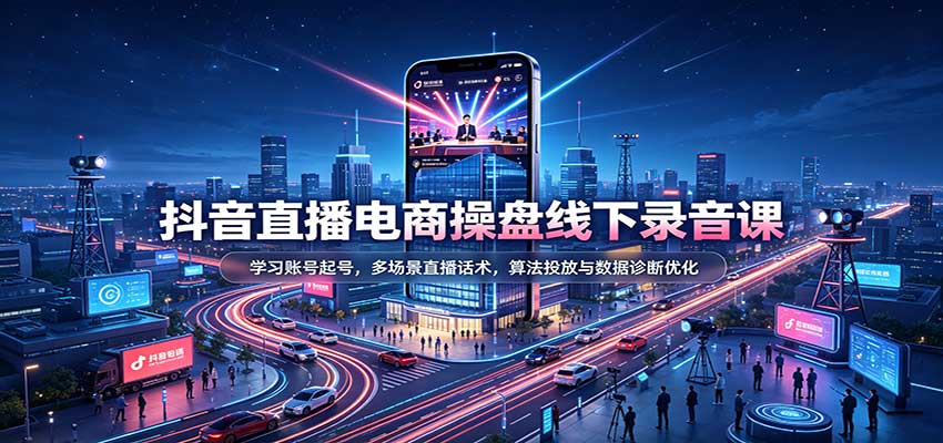 抖音直播电商操盘线下录音课：学习账号起号，多场景直播话术，算法投放与数据诊断优化-海之城短剧项目