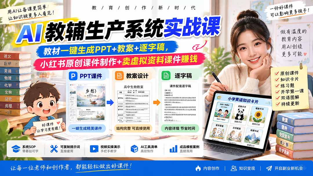 AI教辅生产系统实战课-更新0922｜教材一键生成PPT+教案+逐字稿，小红书原创课件制作+卖虚拟资料课件赚钱-海之城短剧项目