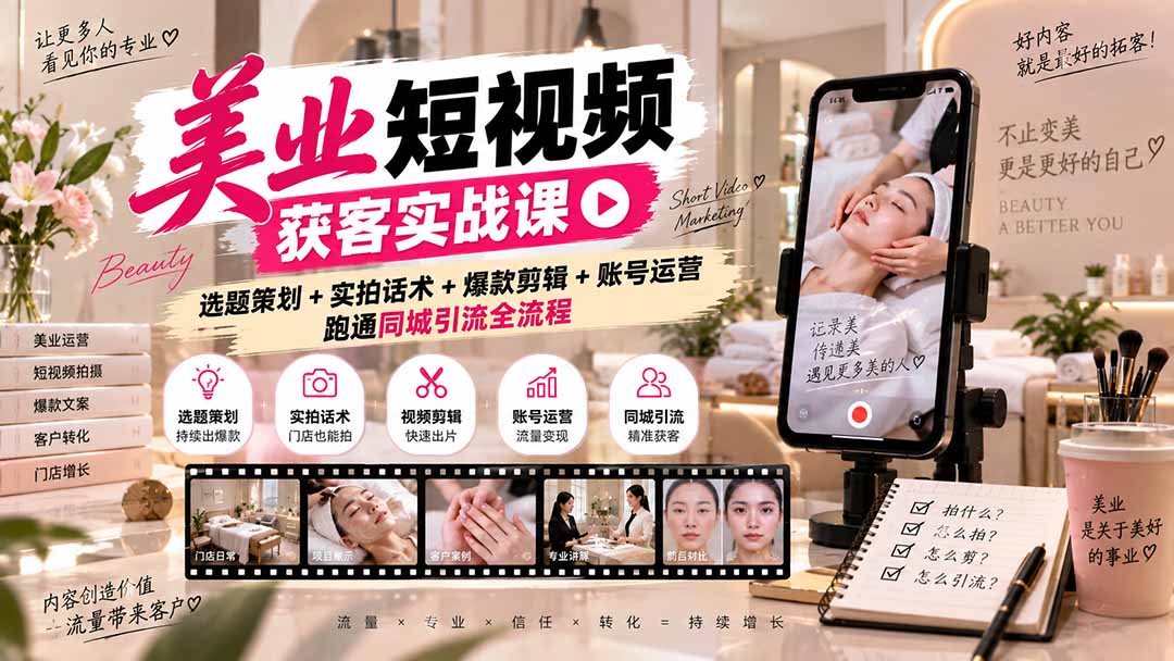 美业短视频获客实战课-无水印：选题策划+实拍话术+爆款剪辑+账号运营，跑通同城引流全流程-海之城短剧项目