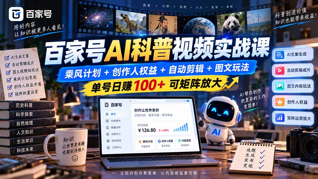 百家号AI科普视频实战课：乘风计划+创作人权益+自动剪辑+图文玩法，单号日赚100+可矩阵放大-海之城短剧项目