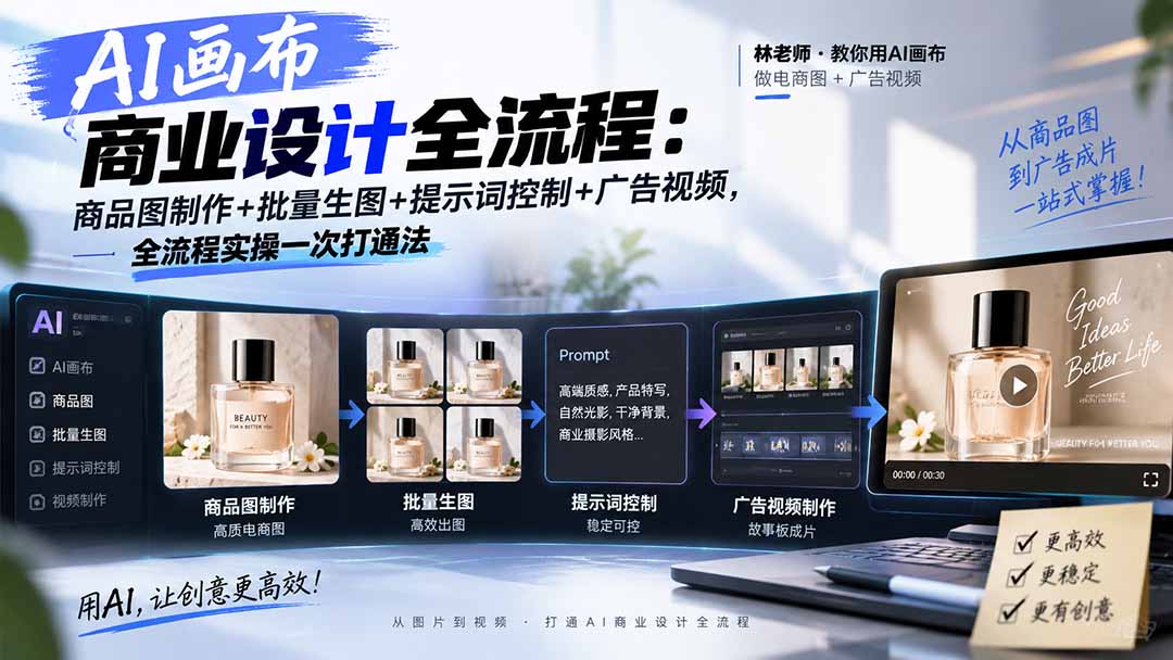 AI画布商业设计全流程：商品图制作+批量生图+提示词控制+广告视频，全流程实操一次打通法-海之城短剧项目