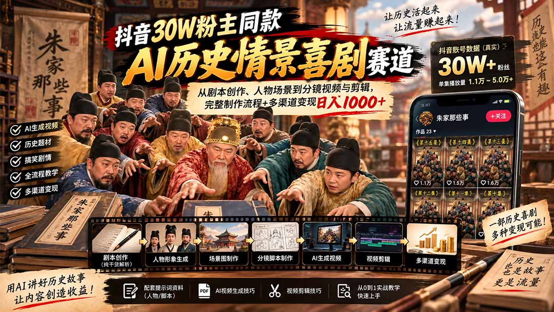 抖音30W粉博主同款AI历史情景喜剧赛道：从剧本创作、人物场景到分镜视频与剪辑，完整制作流程+多渠道变现日入1000+ - 中创网
