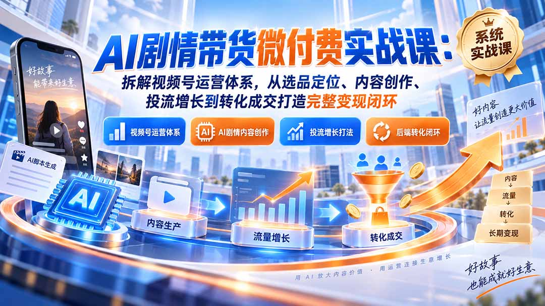 AI剧情带货微付费实战课：拆解视频号运营体系，从选品定位、内容创作、投流增长到转化成交打造完整变现闭环-海之城短剧项目