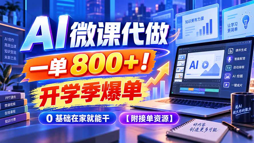 AI 微课代做，一单 800+！开学季爆单，0 基础在家就能干【附接单资源】-海之城短剧项目