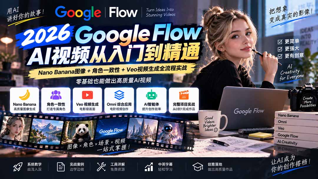 【无水印】Google Flow AI视频从入门到精通：Nano Banana图像+角色一致性+Veo视频生成全流程实战-精翻中英字幕-海之城短剧项目