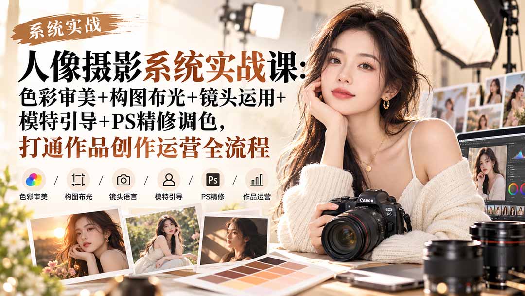 【无水印】人像摄影系统实战课：色彩审美+构图布光+镜头运用+模特引导+PS精修调色，打通作品创作运营全流程-海之城短剧项目