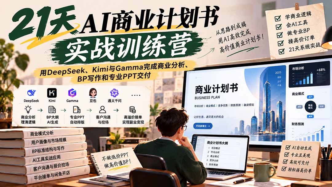 【无水印】21天AI商业计划书实战训练营：用DeepSeek、Kimi与Gamma完成商业分析、BP写作和专业PPT交付-海之城短剧项目