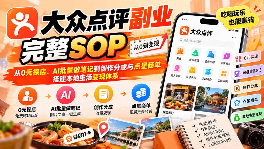 【无水印】大众点评副业完整SOP：从0元探店、AI批量做笔记到创作分成与点星商单，搭建本地生活变现体系-海之城短剧项目