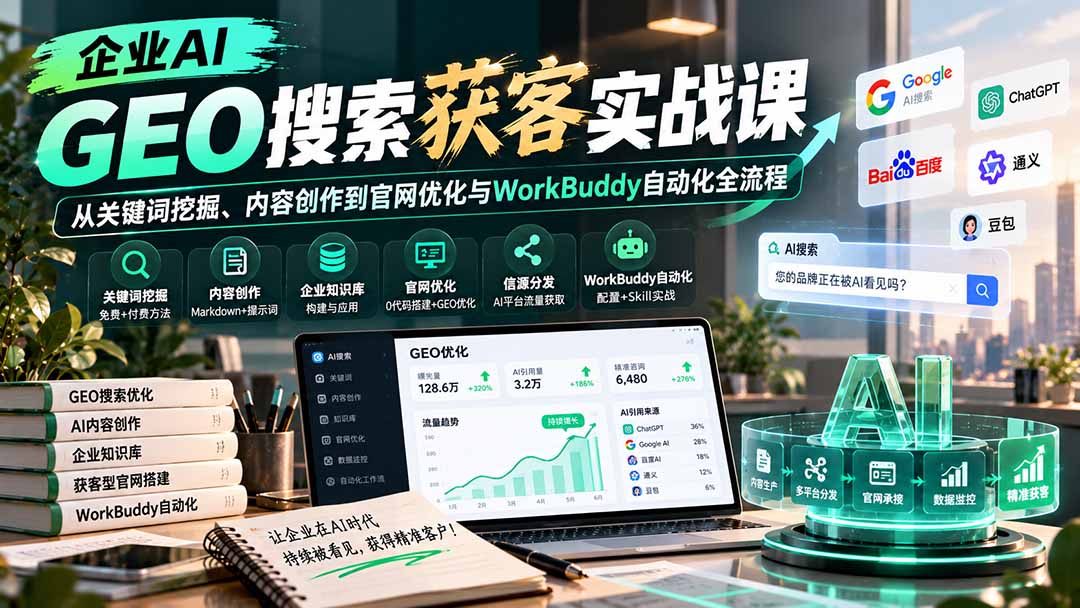 企业AI GEO搜索获客实战课：从关键词挖掘、内容创作到官网优化与WorkBuddy自动化全流程 - 中创网